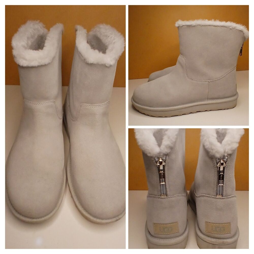 UGG Boots Sz 9 Mini Zip Glacier Gray Suede Leather Sherpa Lined Excellent